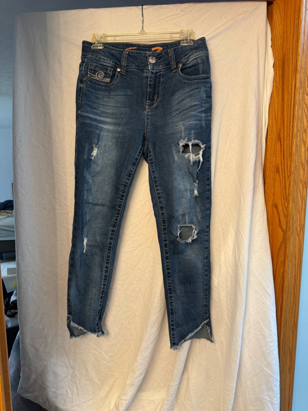 Seven7 Dark Blue Distressed Ankle Skinny Jeans